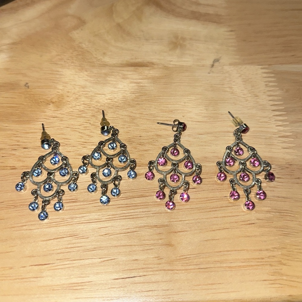 Vintage Crysral‎ Chandelier Earrings Tear Drop Pink Blue - Picture 2 of 4